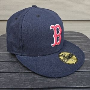 Boston Red Sox Hat New Era 59Fifty Fitted MLB Baseball Navy Blue Cap Size 7 1/8